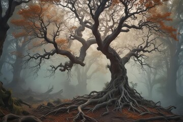 Ancient gnarled branches, smoke swirling, mystical forest, twisted roots , roots, forest, texture