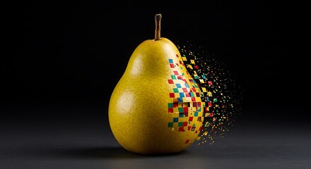 A single, luminous yellow pear stands prominently against a stark, dark background, its form a classic symbol of nature and health. 