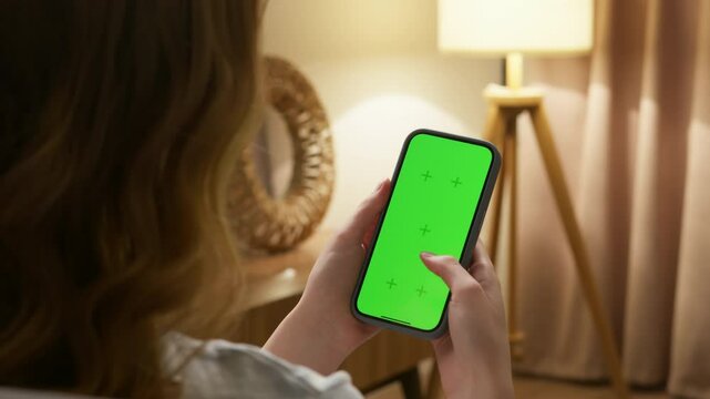 Woman sit use digital tech cell phone with green screen mock up. Hand scroll phone web site, swipe like photos. Girl hold mobile closeup. Chroma key page. Cozy home background. Online app copy space.