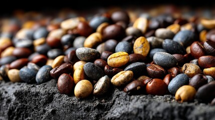Colorful smooth stones scattered on a dark textured surface with no transparency