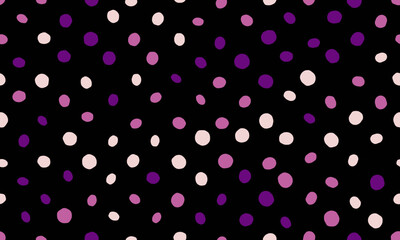 Abstract seamless pattern of scattered purple and pink dots on a black background.  Perfect for textiles, websites, and playful branding.