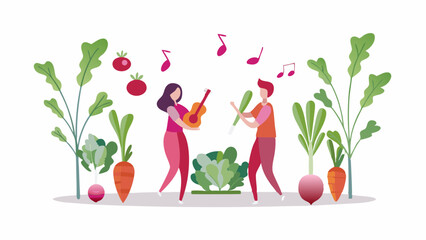 People playing music surrounded by vegetables like carrots tomatoes and radishes in a garden setting scene