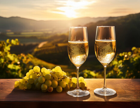 coupes de champagne sur une table, vignes en arri&egrave;re-plan avec un coucher de soleil