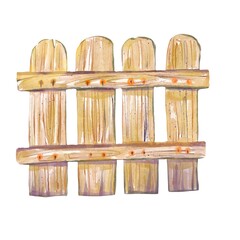 Watercolor small wooden fence made of light wood. Decorative garden element isolated on white. Perfect for landscape design, rustic style, outdoor scenes, and natural-themed compositions