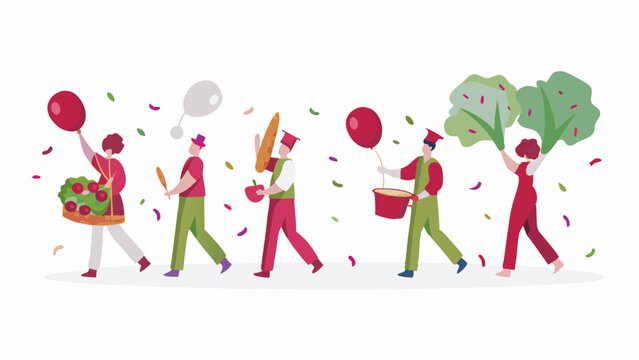 Group of people in costumes walking in a parade with balloons and food, celebrating a festival event