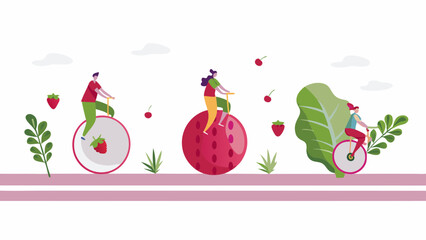 People riding unicycles with strawberry, raspberry and lettuce wheels on a pink striped road surface © Fawad