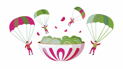Illustration of skydivers with parachutes above a bowl of salad and floating petals on white background