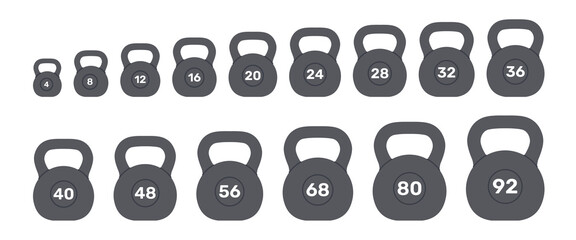 Set of kettlebells of different sizes and weights. Weight for fitness and sport. Athletic equipment for strength exercises, muscle training. Vector flat illustration isolated on white background
