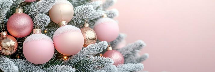 Christmas Ornaments, Pink and Gold Baubles on a Frosted Christmas Tree, Festive Holiday Background