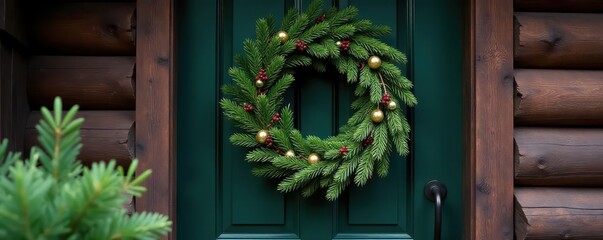 Dark green & gold wreath on rustic cabin door Evergreen, gold accents , design, foliage
