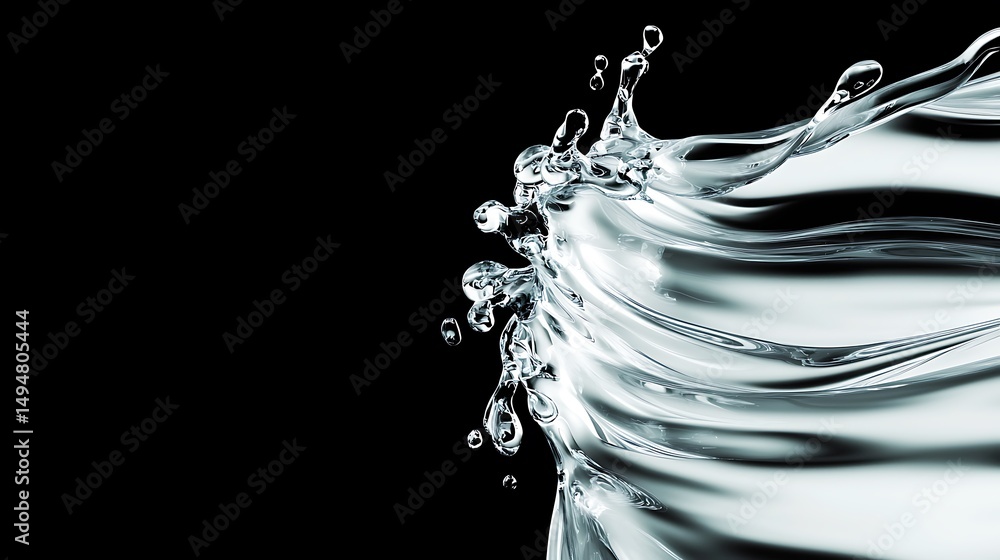 Poster dynamic flow of crystal clear water with bubbles and splashes on a black background