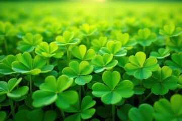Dense clover field, vibrant green, sunlit texture, detail, meadow