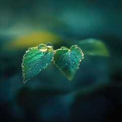 Dew-kissed leaves in emerald light