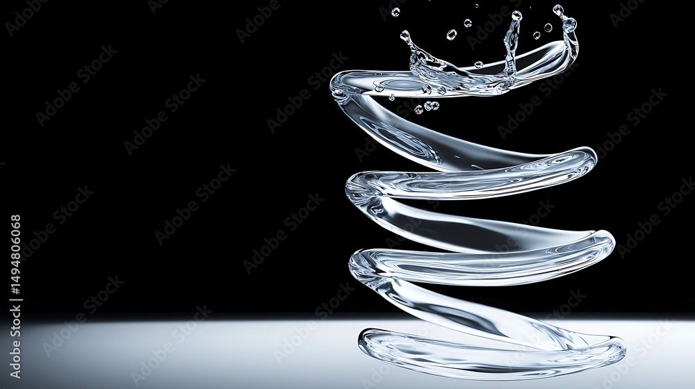 Poster abstract spiral water splash with clear droplets and elegant curves on dark background for creative 