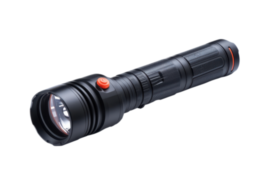 Black tactical flashlight with red button for outdoor and emergency use, isolated on transparent background

