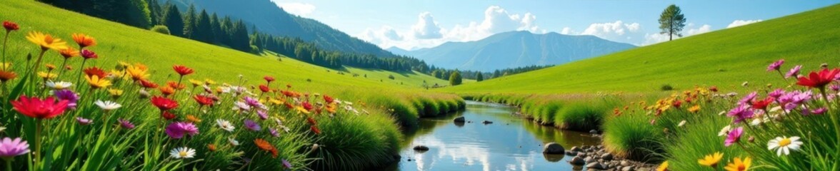 Rolling hills, vibrant wildflowers, clear stream, stream, picturesque, fauna