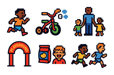 Playground fun icons set – pixel art, children, recreation, and activity symbols