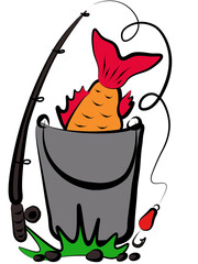 Illustration, on a white background. Fish in a bucket, and a fishing rod nearby.
