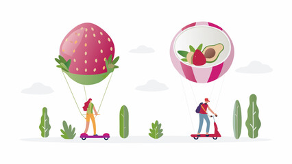 Illustration of people on scooters with strawberry and avocado hot air balloons in a whimsical landscape