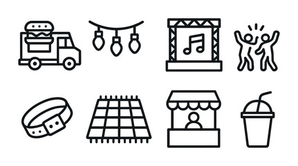 Food truck and festival outline icons set – line, fair, event celebration symbols