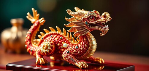 Obraz premium Intricate miniature dragon statue crafted from precious stones and gold, embodying the Chinese zodiac's Year of the Dragon, Miniature Dragon, Legend