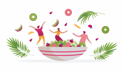 People standing in a salad bowl with tomatoes and lettuce surrounded by fruit slices and palm leaves