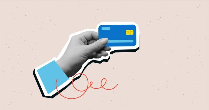 Hand holds a plastic credit card. Shopping, payment. Trendy collage style. 4K stop motion animation