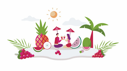 Illustration of a couple toasting under umbrellas surrounded by tropical fruits on a sunny day outdoors
