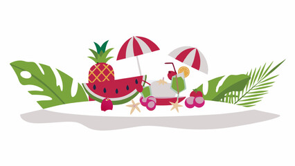 A tropical summer scene featuring fruits, drinks, umbrellas and palm leaves on a sandy surface