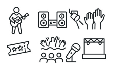 Music and event outline icons set – line, silhouette, festival and concert symbols