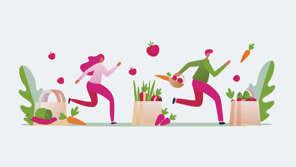 Woman and man running with vegetables, grocery bags and basket filled with produce in a light background