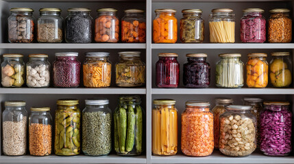 Organized pantry shelves filled with glass jars containing various food items in an orderly arrangement
