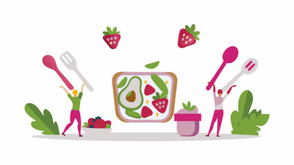 People holding utensils with food items like avocado toast, strawberries, and leafy greens surrounding them