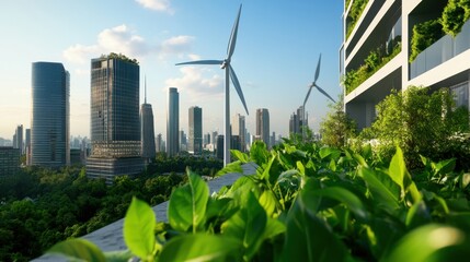 Green city with sustainable buildings, wind turbines, and eco-lifestyle visuals