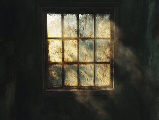 Fototapeta premium Sunlight piercing through an old window, casting ethereal light in the dim room