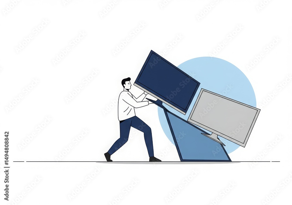Fototapete Man pushing two stacked computer monitors in a minimalist style  