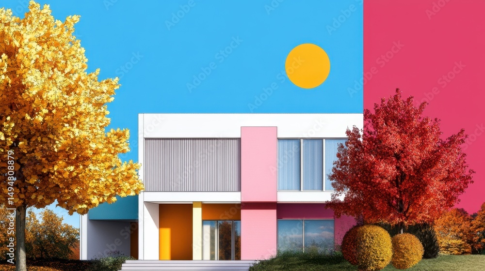 Poster hand-drawn architecture with bold fall colors and conceptual design overlay