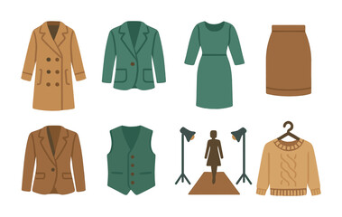 Fashion and clothing flat icons set – solid, outline, style, apparel symbols