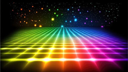 Rainbow grid floor receding to a starry night sky