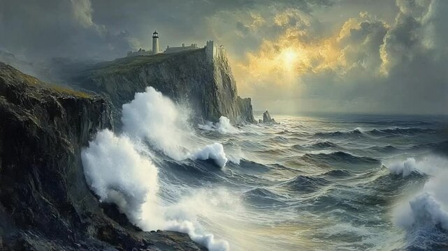 Dramatic seascape stormy waves crashing against a rocky cliff lighthouse on a promontory sun breaking through clouds