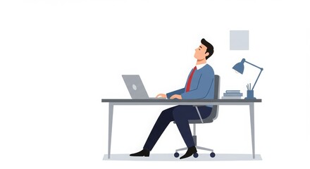 Businessman sitting at desk using laptop in minimal office space  