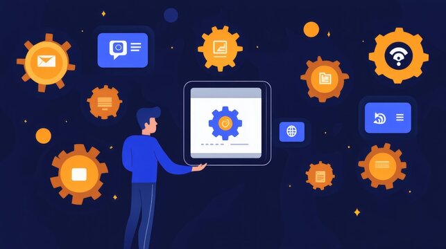 Man configuring integrated digital system, showcasing email, messaging, image editing, and wifi functionalities