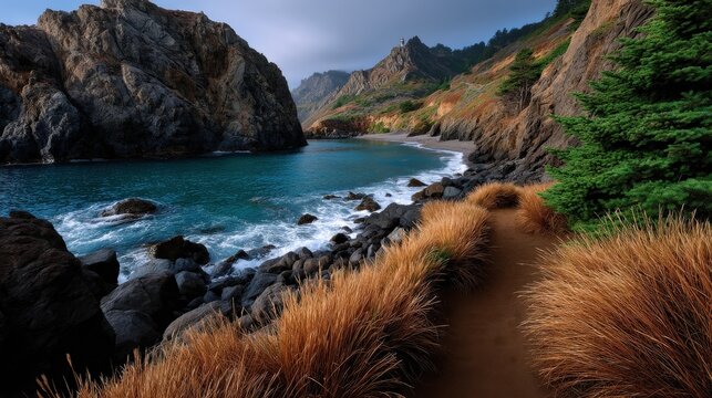 Pathway to lighthouse during golden hour, beautiful