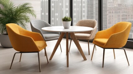 Fototapeta premium Modern Meeting Room with Round Table, Chairs, and Plant. Contemporary Interior Design.