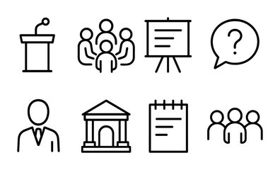 Business meeting outline icons set – corporate, presentation, seminar symbols