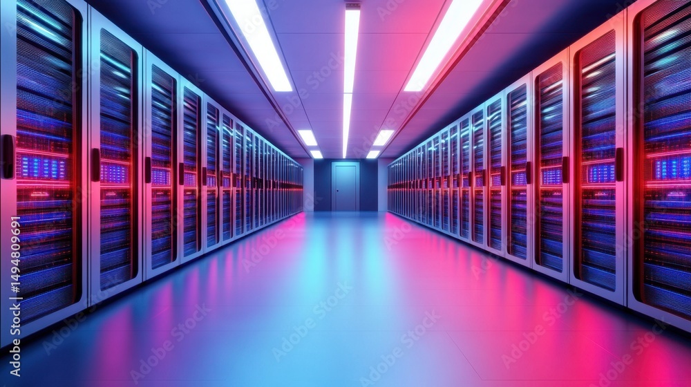 Poster high-tech abstract corridor with red and blue neon lights in parallel motion
