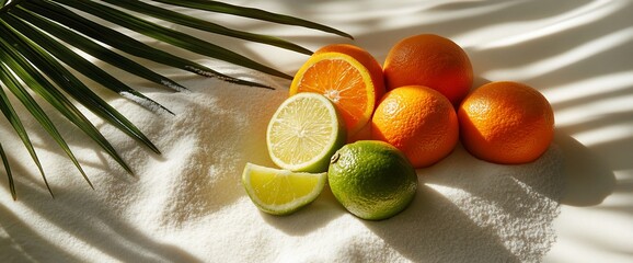 Tropical citrus fruits display with vibrant colors, palm leaf and summer vibes background