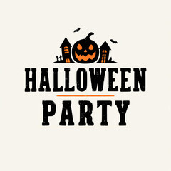 Halloween Party Graphic with Pumpkin, Bats, and Spooky Houses on Light Background