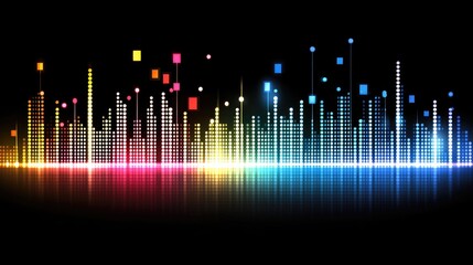 Vibrant, multicolored audio spectrum equalizer visualization reflecting on dark surface
