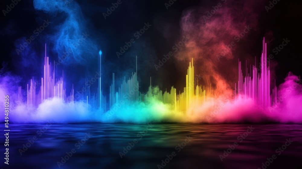Poster intense colorful explosion with abstract patterns, sound waves, and dynamic beat lines